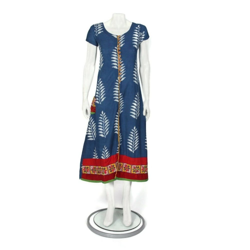 ANORA Blue Batik Leaf Print Mirrored Embroidered Trim India Dress sz L /918
